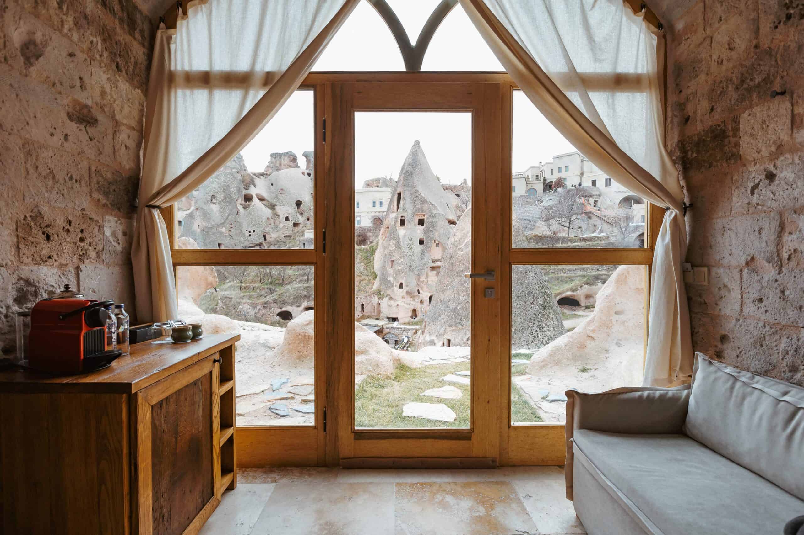 Cave room with a fairy chimney view in a junior suite with a view at Millstone Cave Suites