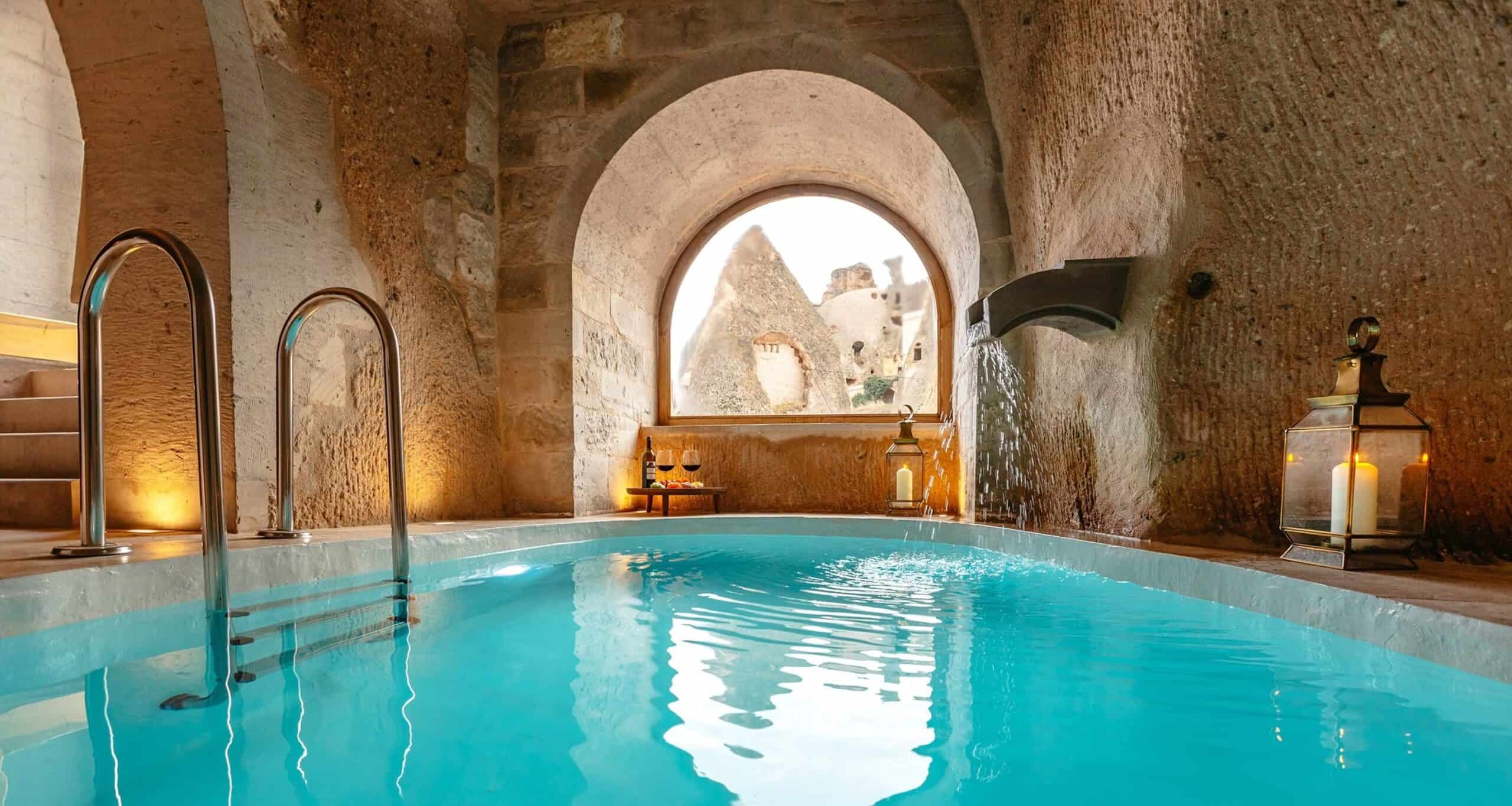Millstone Cave Suite: a spacious cave suite featuring a cave room and an indoor pool.